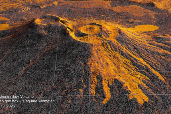 NISAR radar visualization showing lava spreading from Krasheninnikov volcano in Russia’s Kamchatka Peninsula. Credit: NASA Scientific Visualization Studio.