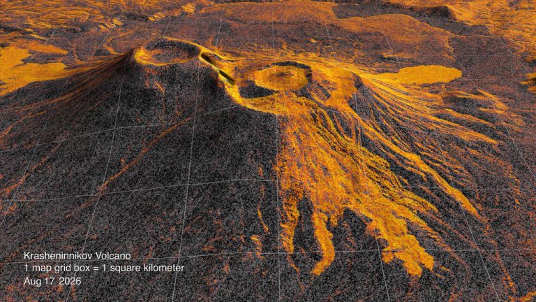 NISAR radar visualization showing lava spreading from Krasheninnikov volcano in Russia’s Kamchatka Peninsula. Credit: NASA Scientific Visualization Studio.