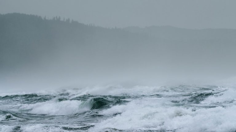 Large waves breaking along a coastline during stormy weather, used as an illustrative image