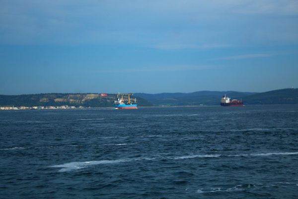 Two commercial ships crossing open water, used as an illustrative image for Strait of Hormuz shipping