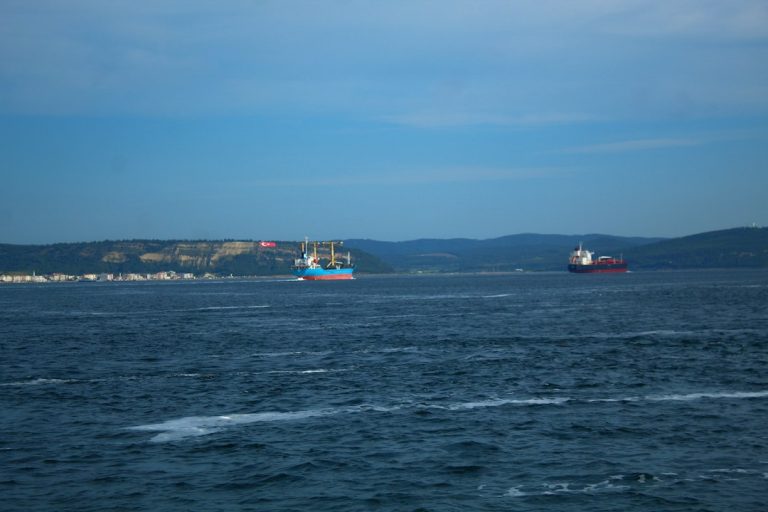 Two commercial ships crossing open water, used as an illustrative image for Strait of Hormuz shipping