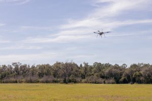 A THOR Elbit Systems drone flies over a field during Drone Crucible 26.3 vendor day in Starke, Florida, on September 27, 2026.