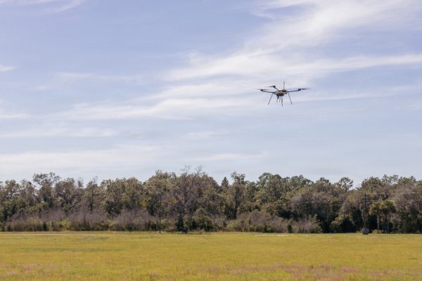 A THOR Elbit Systems drone flies over a field during Drone Crucible 26.3 vendor day in Starke, Florida, on September 27, 2026.