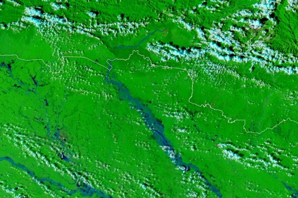 False-color NASA MODIS satellite image of extensive flooding along the Gandak-Narayani River in Nepal and northern India on September 29, 2026.