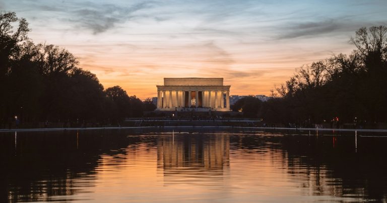Lincoln Memorial in Washington, D.C., at sunset; stock photograph.