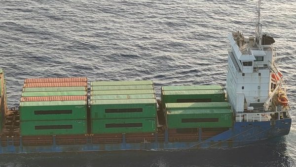 The motor vessel Grace is seen from the air during a U.S. Coast Guard interdiction in the Caribbean Sea in September 2026.