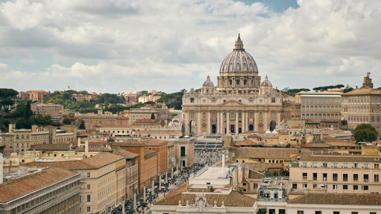 St. Peter's Basilica in Vatican City beneath a cloudy sky