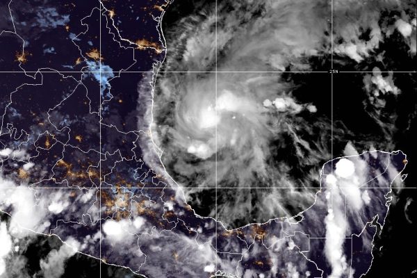NOAA GOES-19 GeoColor satellite image of Tropical Depression Nine over the Gulf on October 6, 2026.