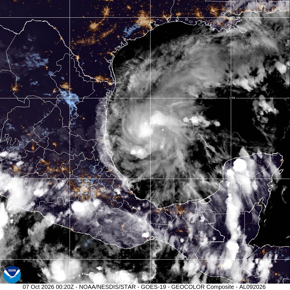 NOAA GOES-19 GeoColor satellite image of Tropical Depression Nine over the Gulf on October 6, 2026.