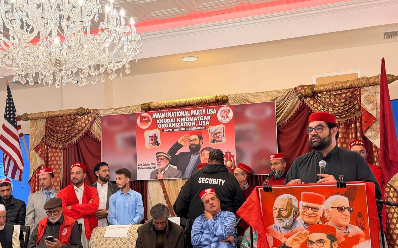 ANP Central President Senator Aimal Wali Khan addresses the oath-taking ceremony of ANP USA and the Khudai Khidmatgar Organization USA in Philadelphia on Oct. 24, 2026.