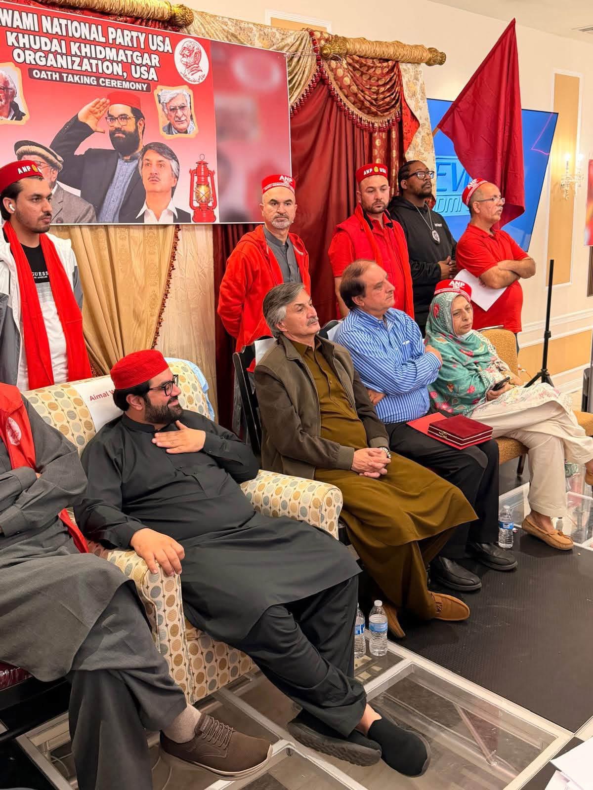 Aimal Wali Khan, seated front left, with ANP and KKO leaders at the oath-taking ceremony in Philadelphia.