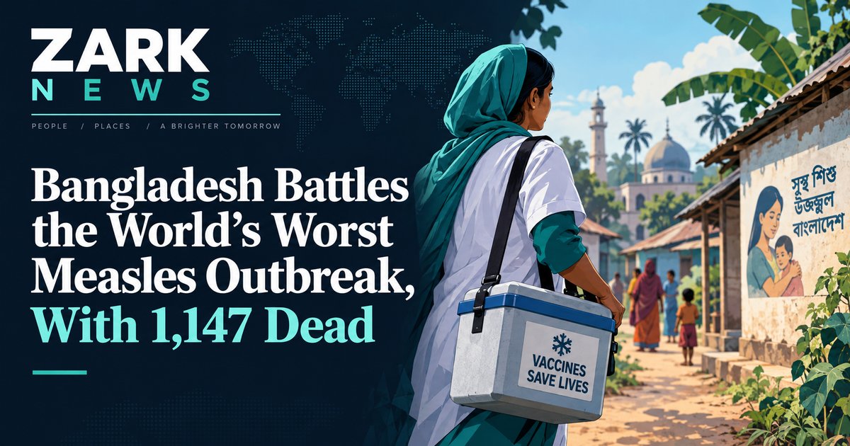 Zark News illustration: a health worker with a vaccine cold box in a South Asian village