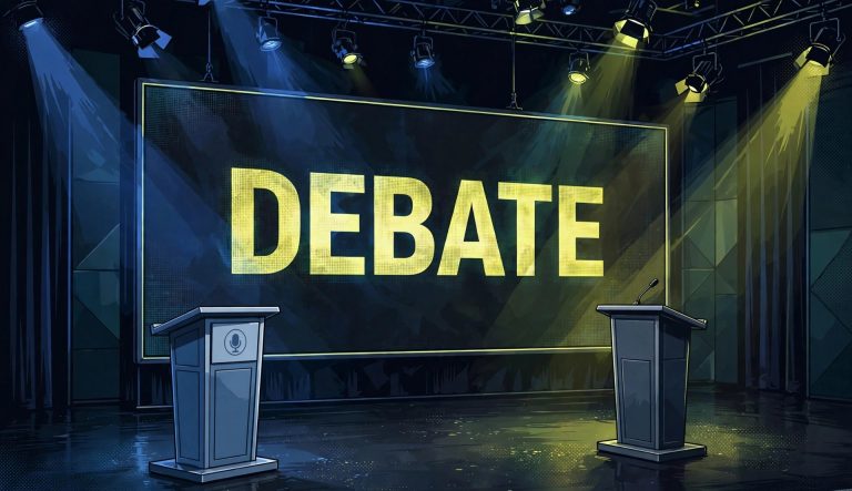 Illustration of an empty televised debate stage with two podiums under stage lights and a large "DEBATE" screen.