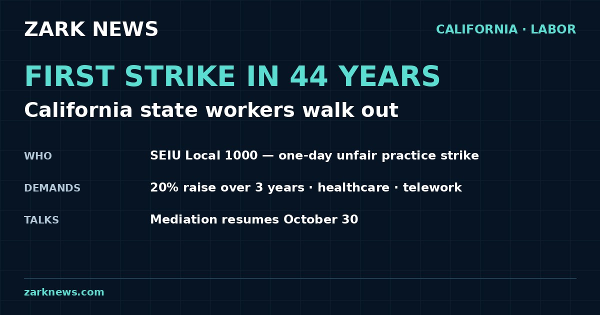 Zark News graphic: first strike in 44 years — California state workers walk out; SEIU Local 1000 one-day unfair practice strike; demands a 20% raise over three years, healthcare and telework; mediation resumes October 30.