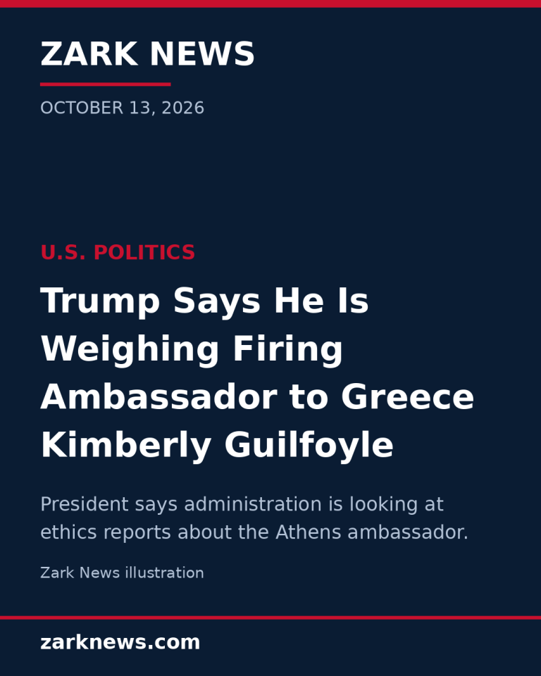 Zark News illustration accompanying report on Kimberly Guilfoyle's resignation as U.S. ambassador to Greece