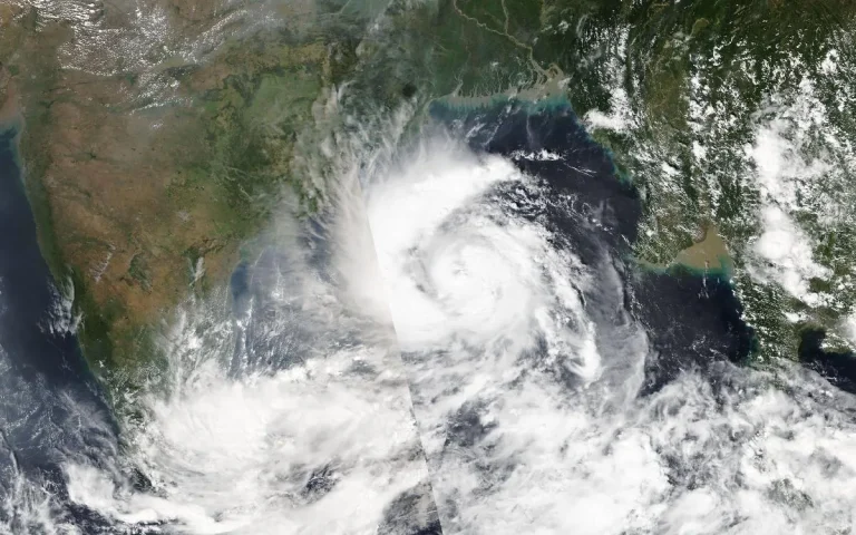 Satellite image of Cyclone Arnab over the Bay of Bengal approaching the east coast of India