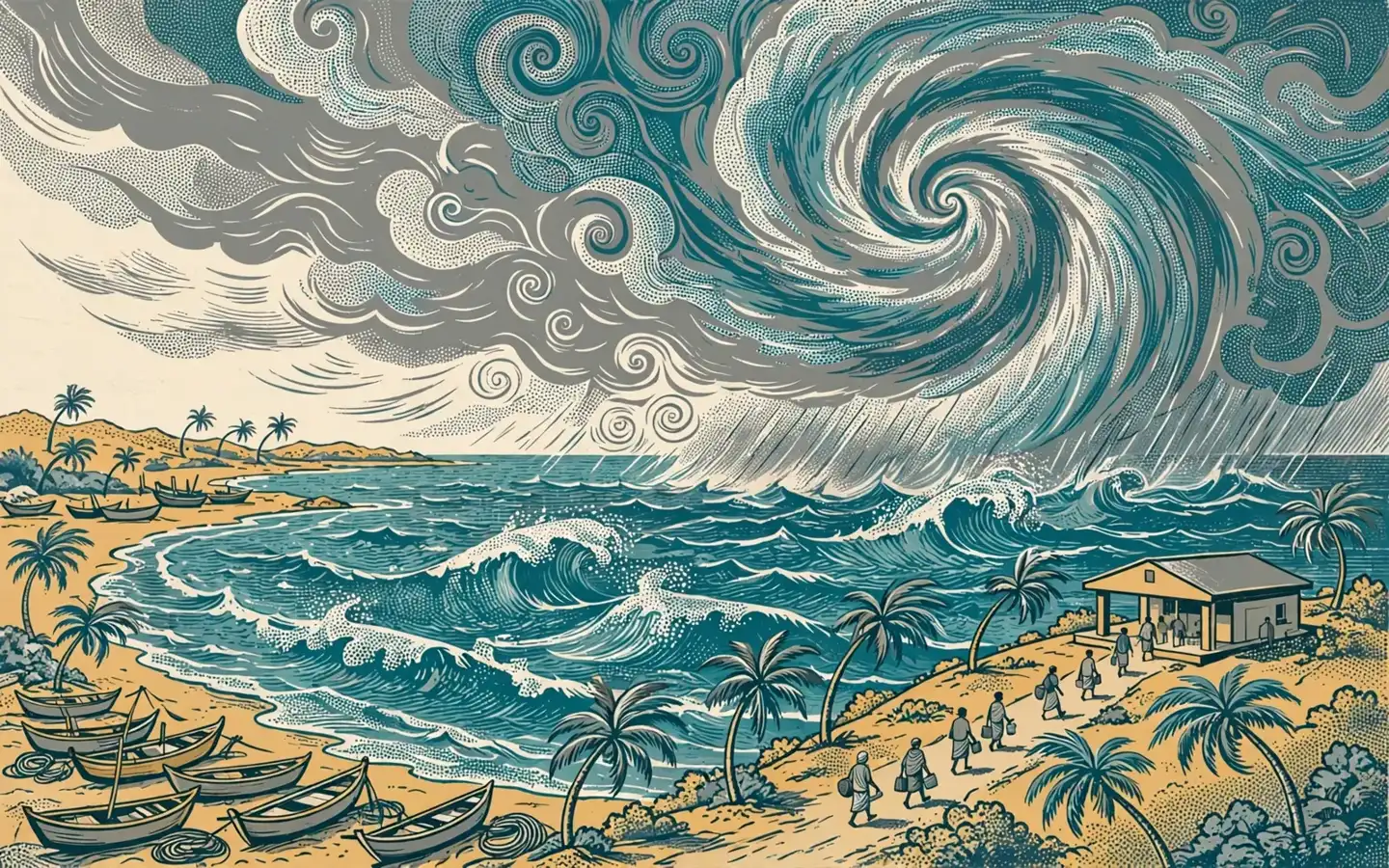 AI-generated illustration of a cyclone spiral over the sea approaching a coastline with fishing boats, palm trees and people walking to a shelter.