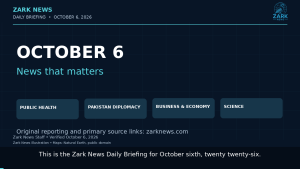 Zark News illustration: October 6, 2026 daily briefing on public health, Pakistan diplomacy, economy and science, with the official Zark News logo.