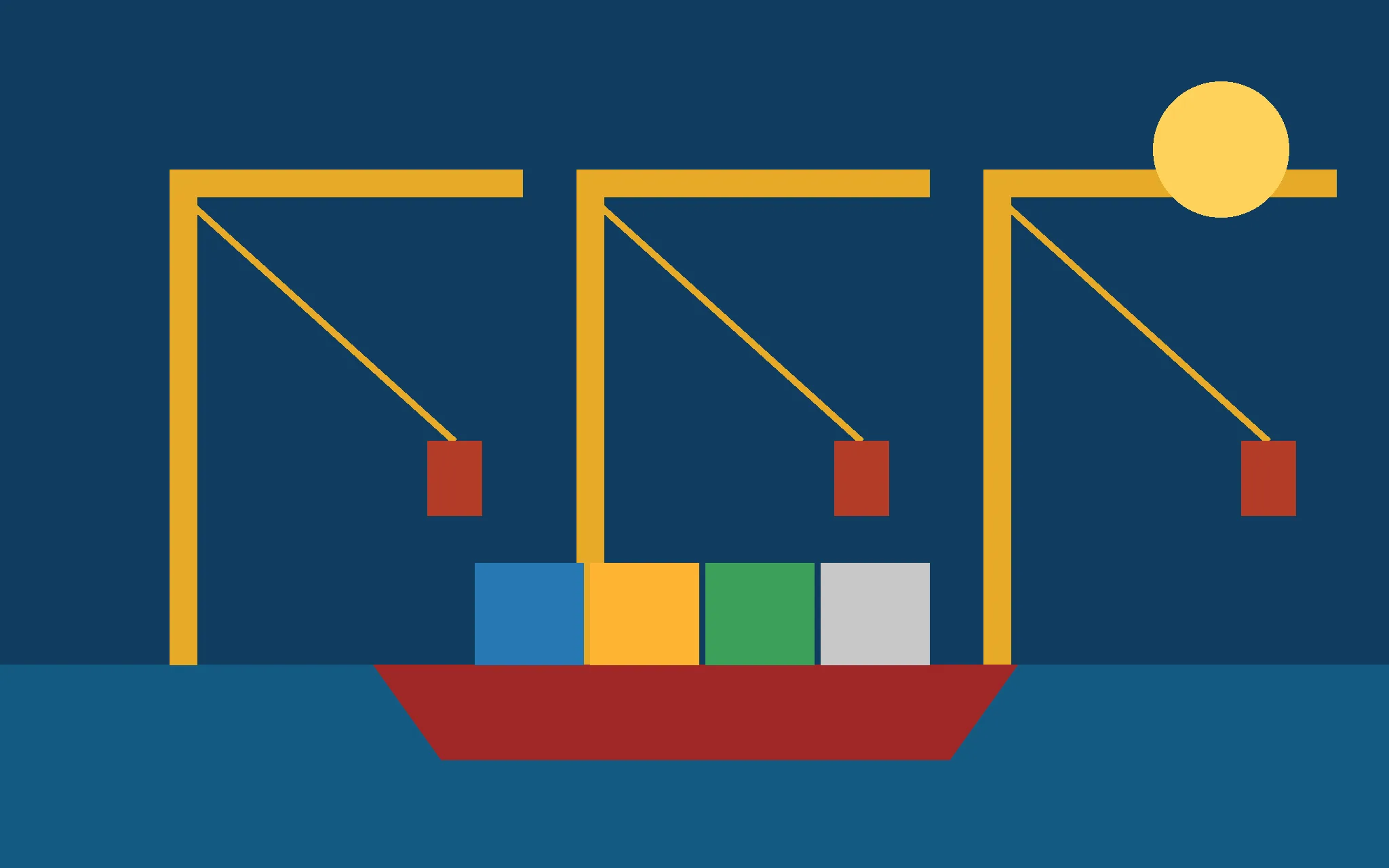 Illustration of dock cranes, containers and a cargo ship at a port
