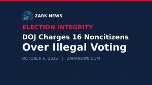 Zark News graphic: DOJ charges 16 noncitizens over illegal voting