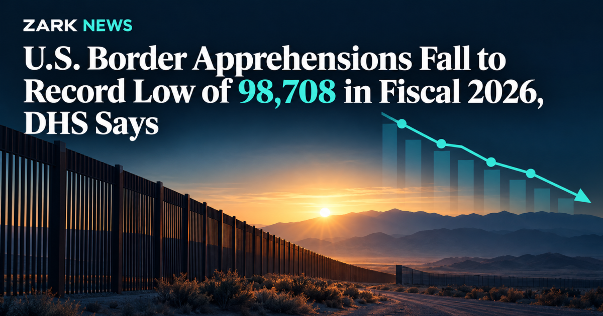 Zark News illustration: southern border fence at dawn with a chart trending down