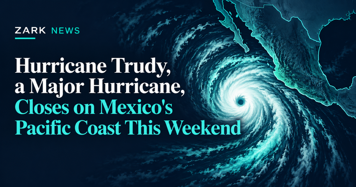 Zark News illustration: hurricane spiral approaching the Pacific coast of Mexico