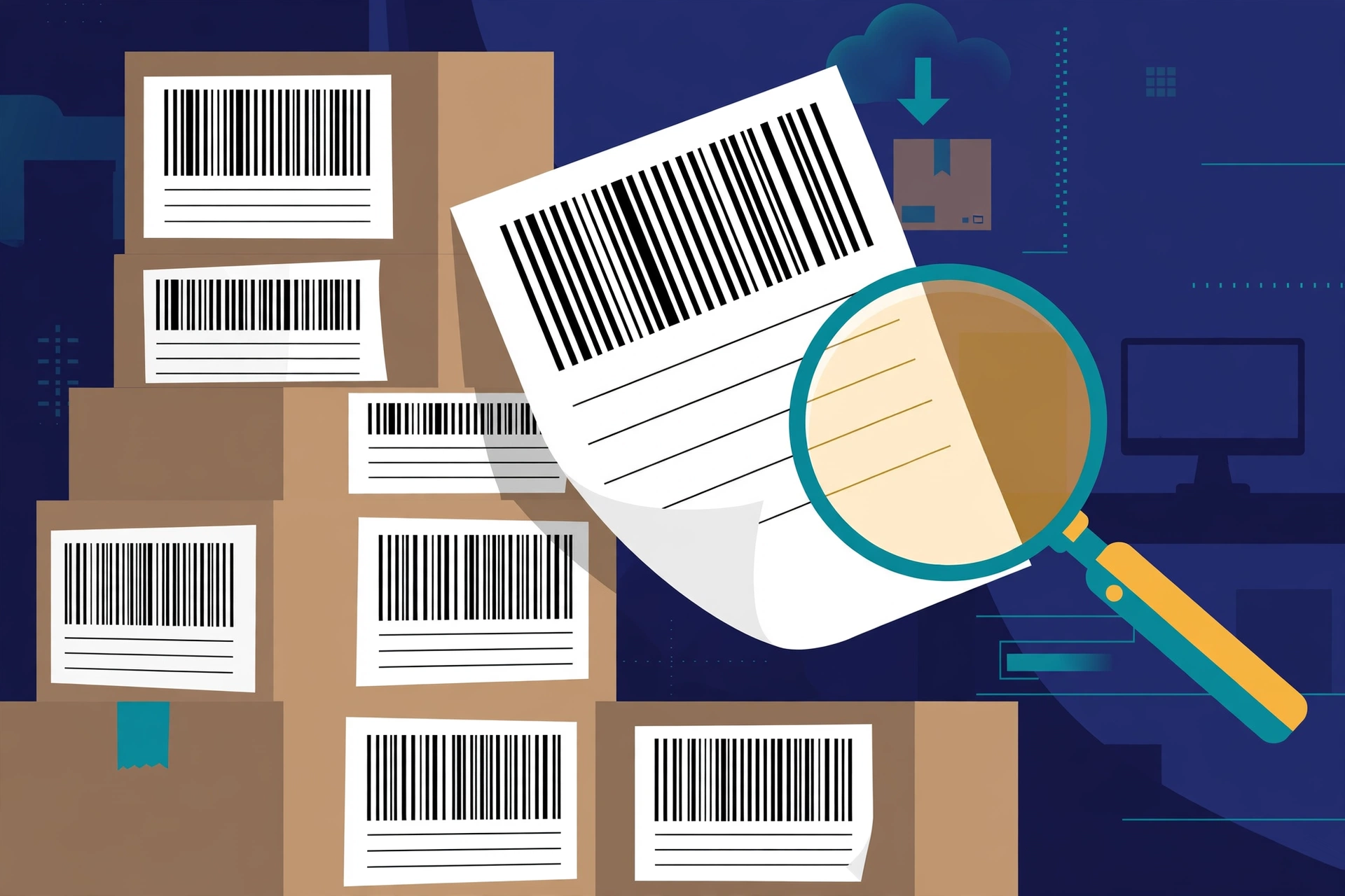 AI-generated illustration of stacked parcels with shipping labels, one large label under a magnifying glass