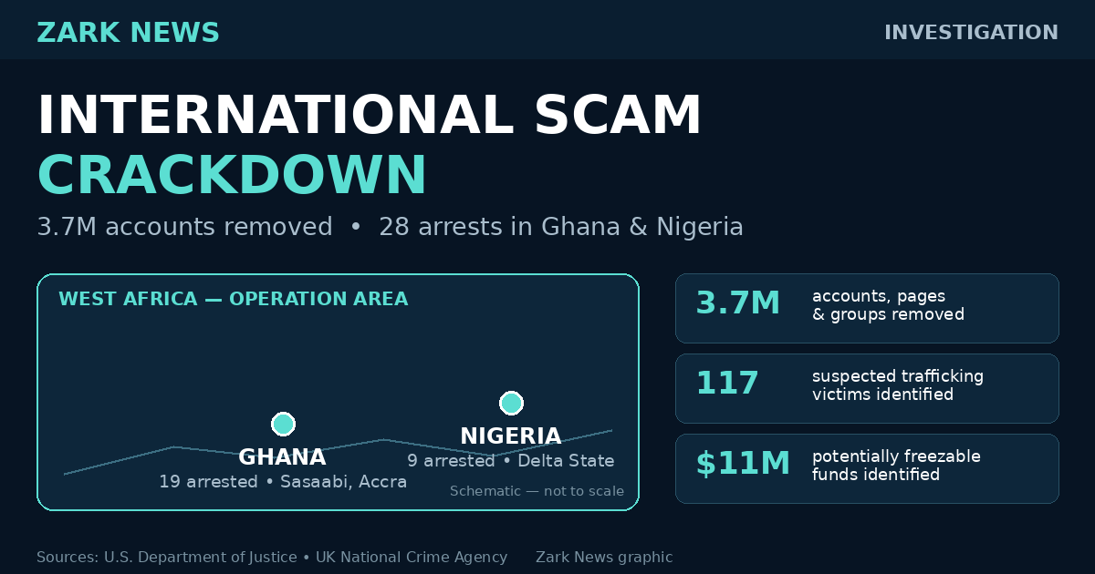 Zark News graphic: International scam crackdown — 3.7 million accounts removed, 28 arrests in Ghana and Nigeria, 117 suspected trafficking victims identified, $11 million in potentially freezable funds identified.
