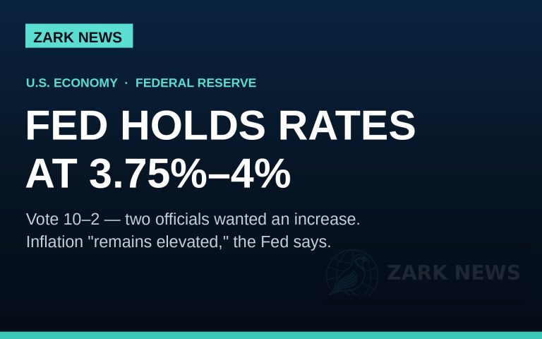 Zark News card: Fed holds rates at 3.75%–4%