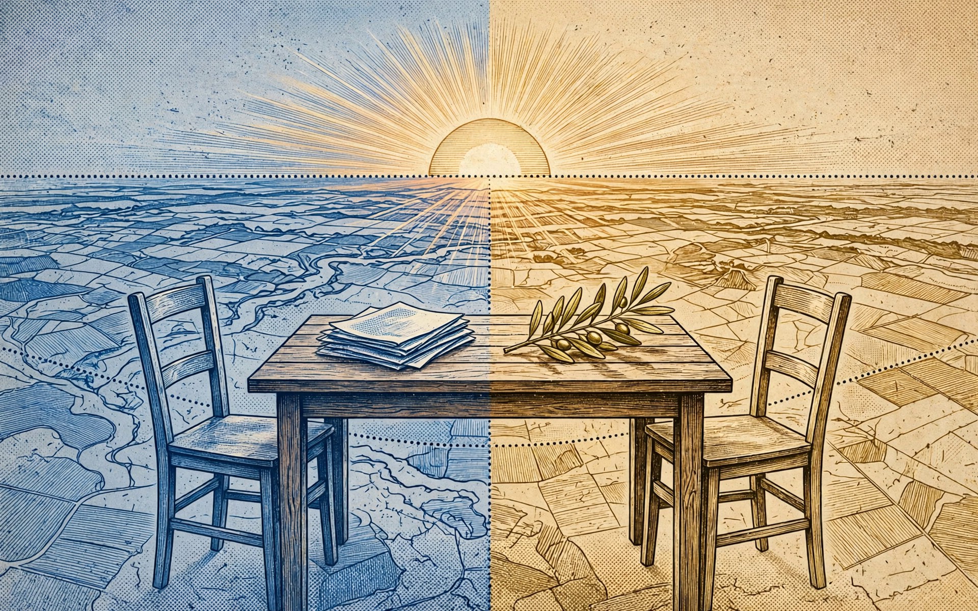 AI-generated illustration: an empty negotiation table with documents and an olive branch, sunrise over a divided field.