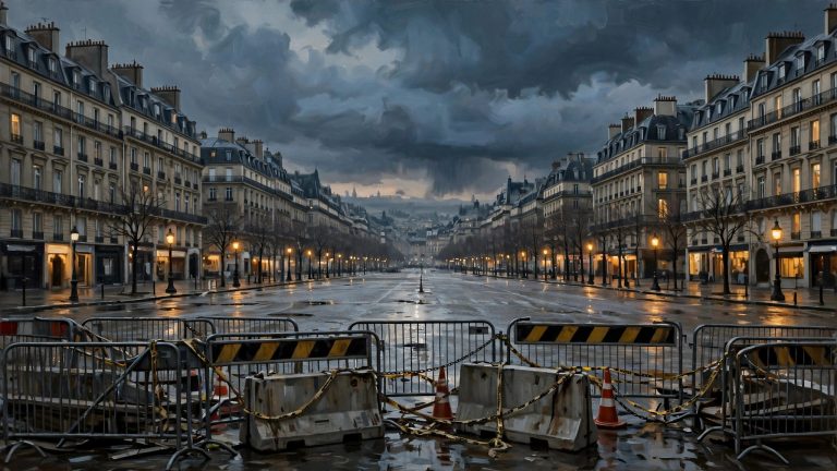 AI-generated illustration of an empty Paris boulevard at dusk with police barriers and barricades.
