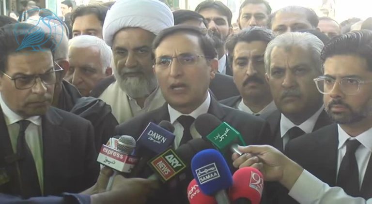 PTI Chairman Barrister Gohar Ali Khan speaks to reporters outside the Peshawar High Court.