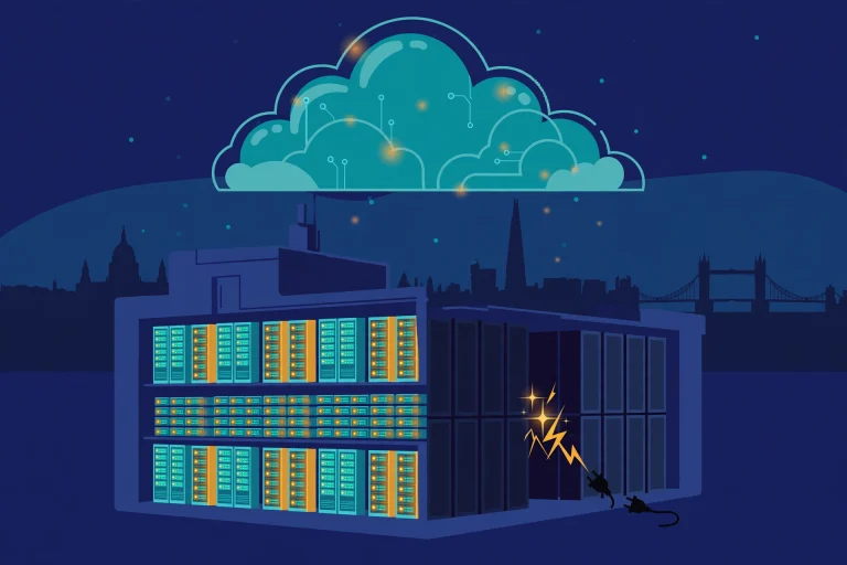 AI-generated illustration of a London data centre under a cloud symbol, with one dark section showing an electrical power fault