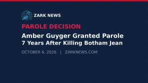Zark News graphic: Amber Guyger granted parole 7 years after killing Botham Jean