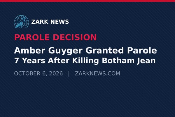 Zark News graphic: Amber Guyger granted parole 7 years after killing Botham Jean