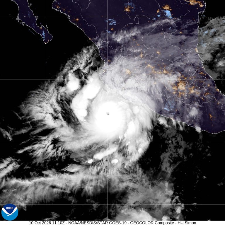 NOAA GOES-19 satellite GeoColor image of Hurricane Simon off Mexico's Pacific coast, October 10, 2026. Credit CIRA/NOAA.