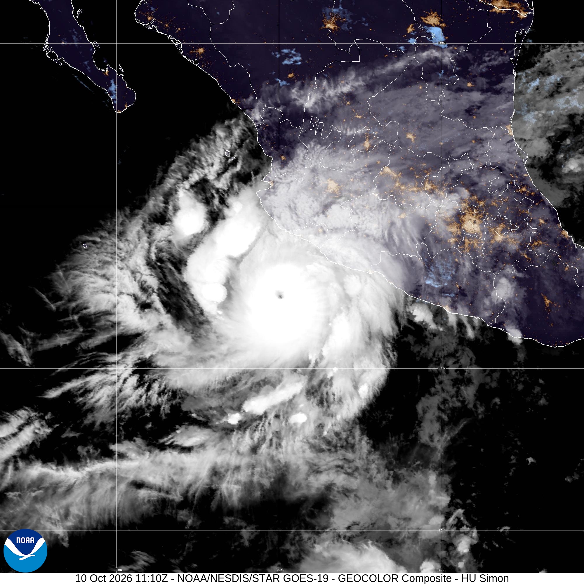 NOAA GOES-19 satellite GeoColor image of Hurricane Simon off Mexico's Pacific coast, October 10, 2026. Credit CIRA/NOAA.