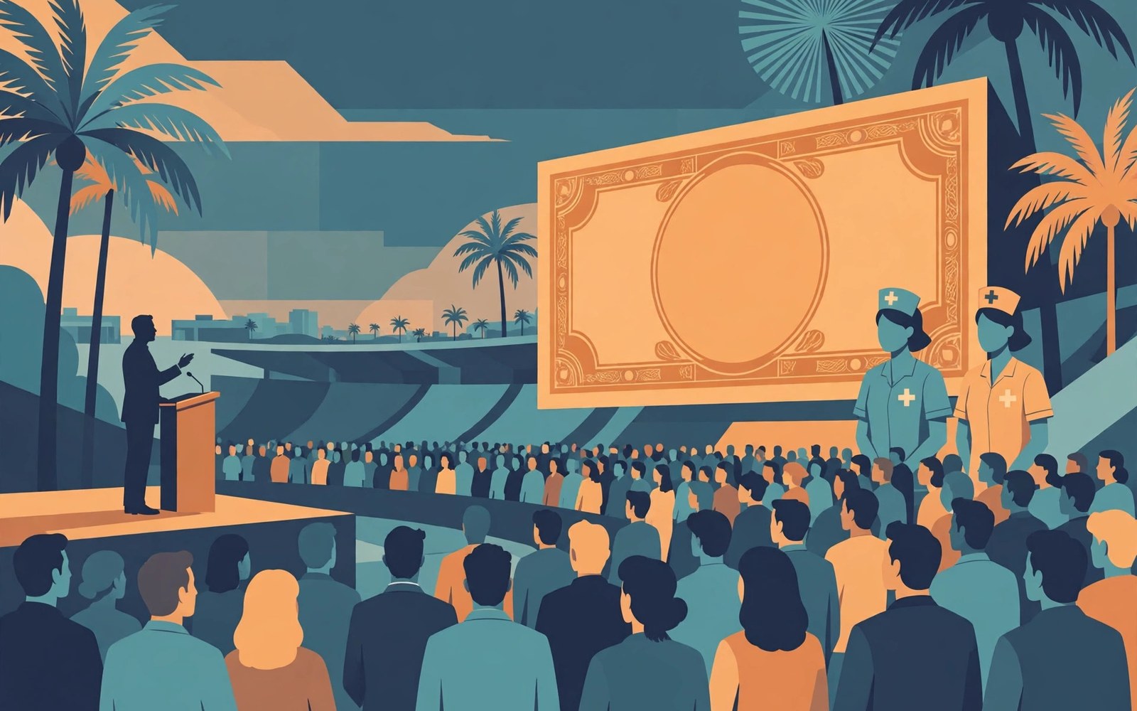Illustration of a campaign rally crowd with a banknote and nurses