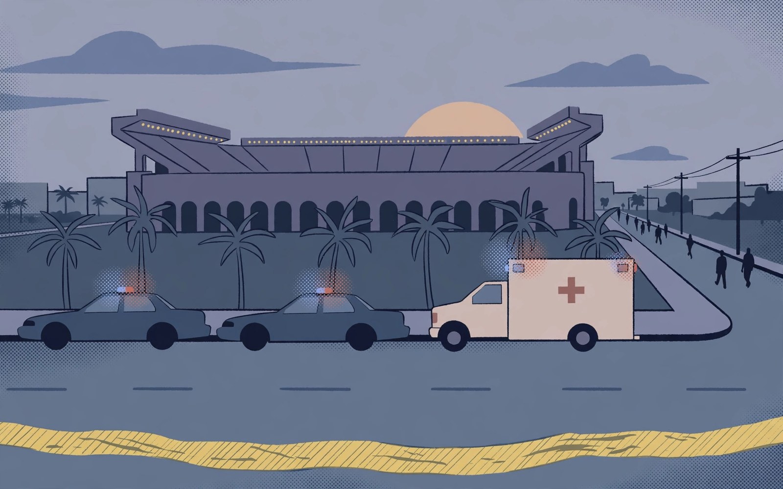 Illustration: police cars and an ambulance outside a stadium in Tallahassee, Florida, after a shooting near Florida A&M University's homecoming game