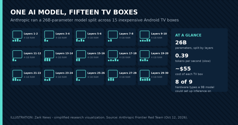 Illustration: one AI model split across fifteen Android TV boxes, with key figures from Anthropic's research