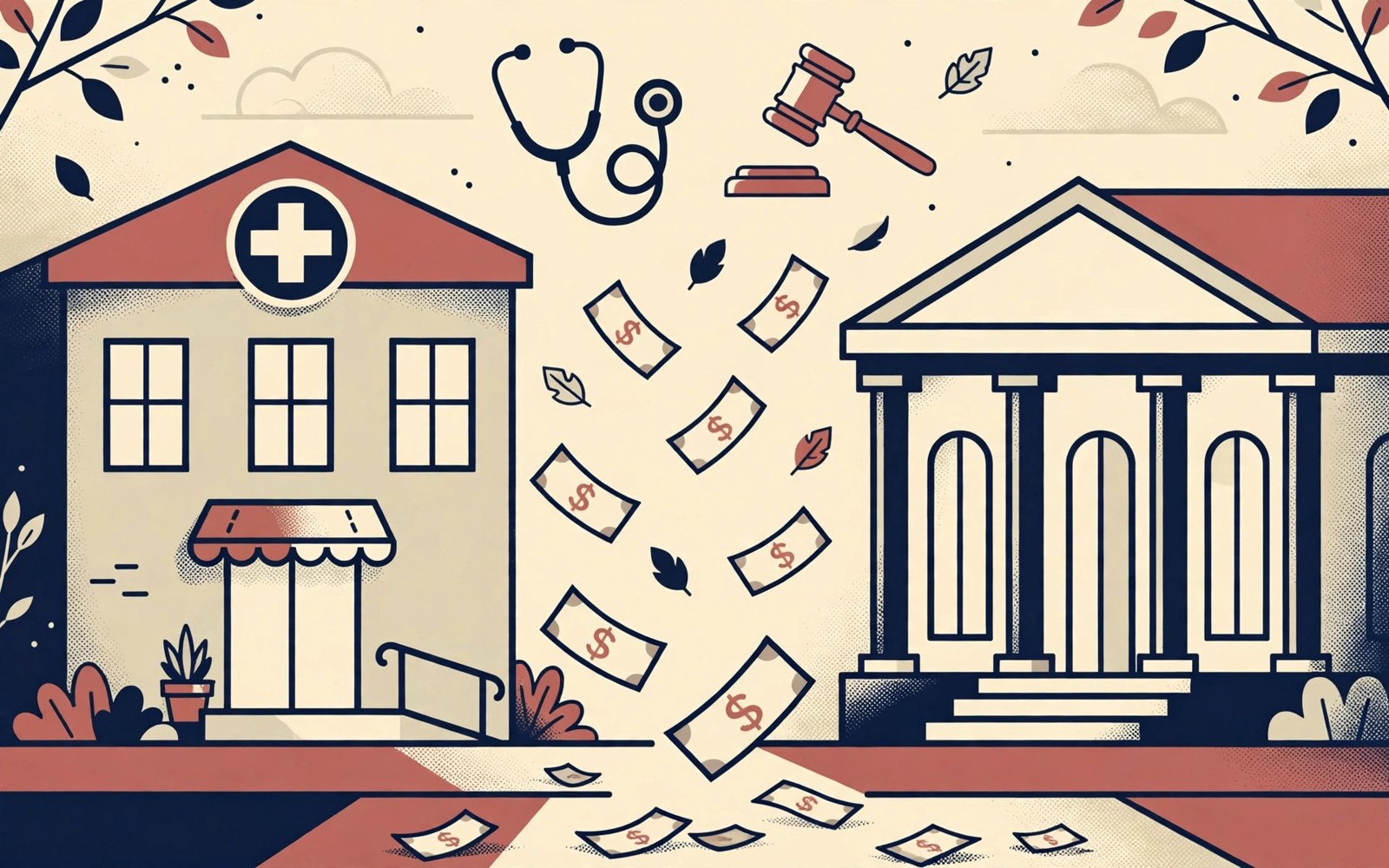 Illustration of a clinic and a courthouse with falling medical bills