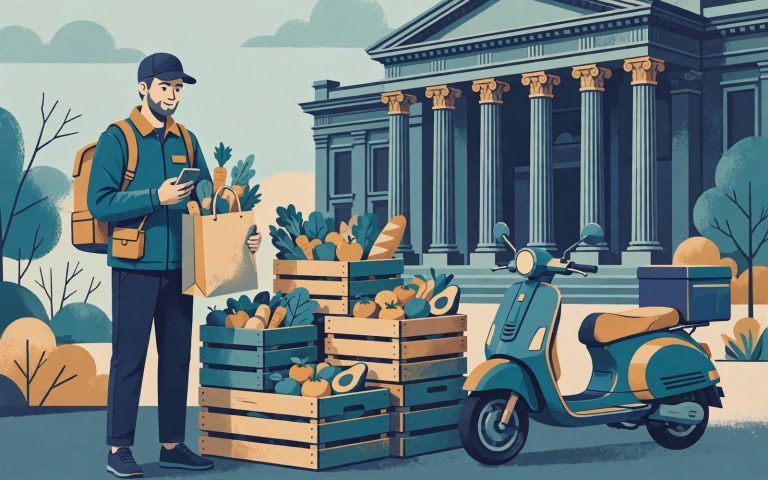 Illustration of a grocery delivery worker with crates of produce outside a courthouse