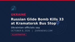 Illustrative graphic with headline text about the Russian glide-bomb strike in Kramatorsk. Illustrative image, not a photograph of the event.