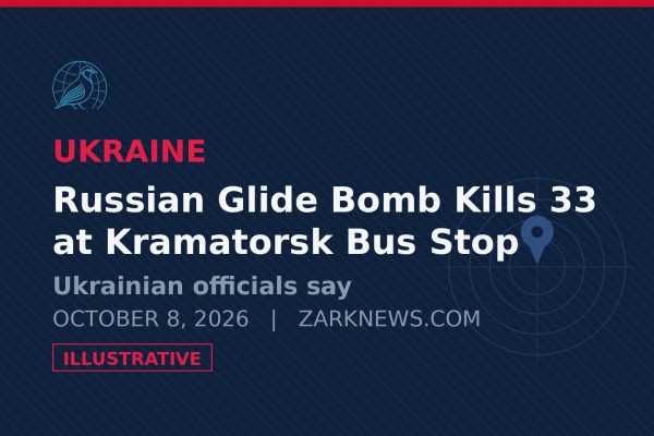 Illustrative graphic with headline text about the Russian glide-bomb strike in Kramatorsk. Illustrative image, not a photograph of the event.