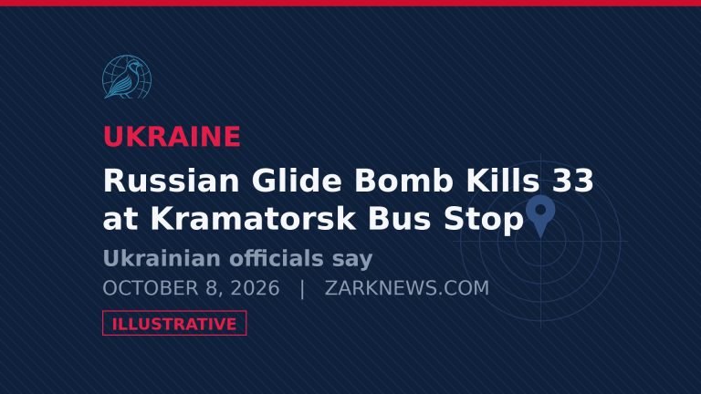 Illustrative graphic with headline text about the Russian glide-bomb strike in Kramatorsk. Illustrative image, not a photograph of the event.