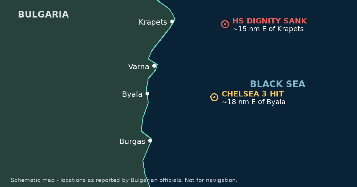 Schematic map showing the reported locations of two ship attacks off Bulgaria's Black Sea coast.
