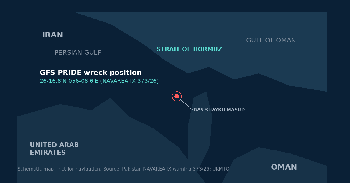 Schematic map of the Strait of Hormuz showing the reported wreck position of the container ship GFS Pride