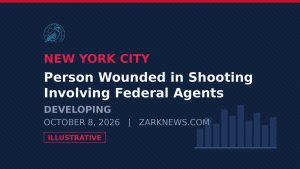 Illustrative graphic with headline text about the shooting involving federal agents in New York City. Illustrative image, not a photograph of the event.