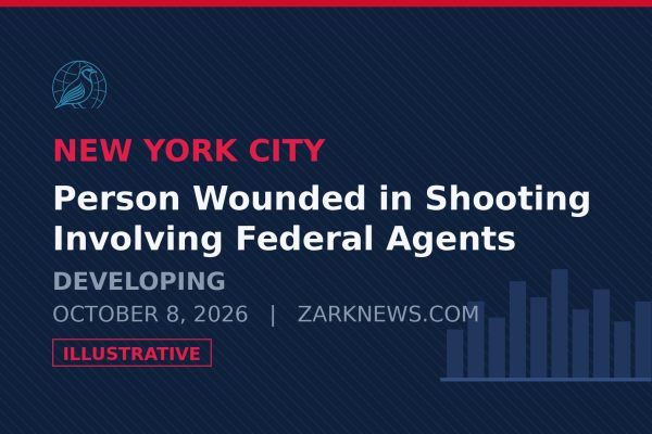 Illustrative graphic with headline text about the shooting involving federal agents in New York City. Illustrative image, not a photograph of the event.