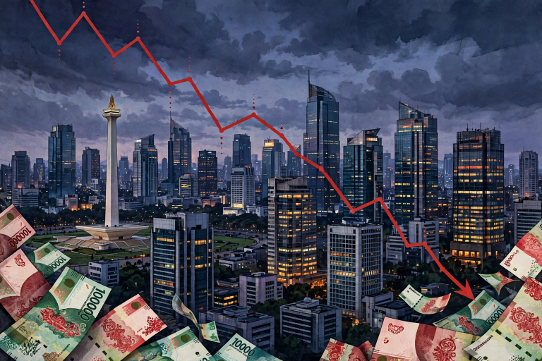 AI-generated illustration of the Jakarta skyline with a falling red stock chart and Rupiah banknotes.